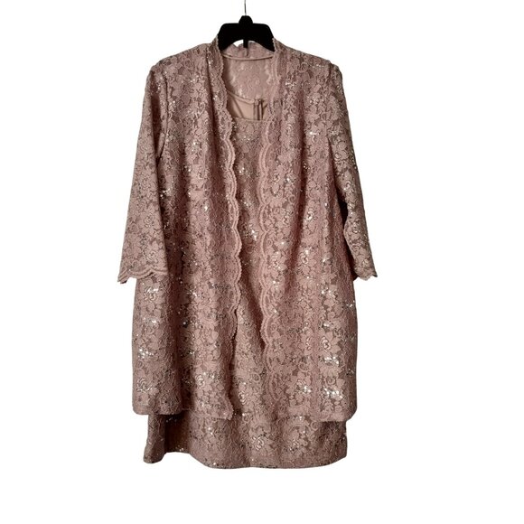 ALEX EVENINGS 2 PC Sequined Lace Dress and Duster Size 16W Pink Wedding - Picture 1 of 15